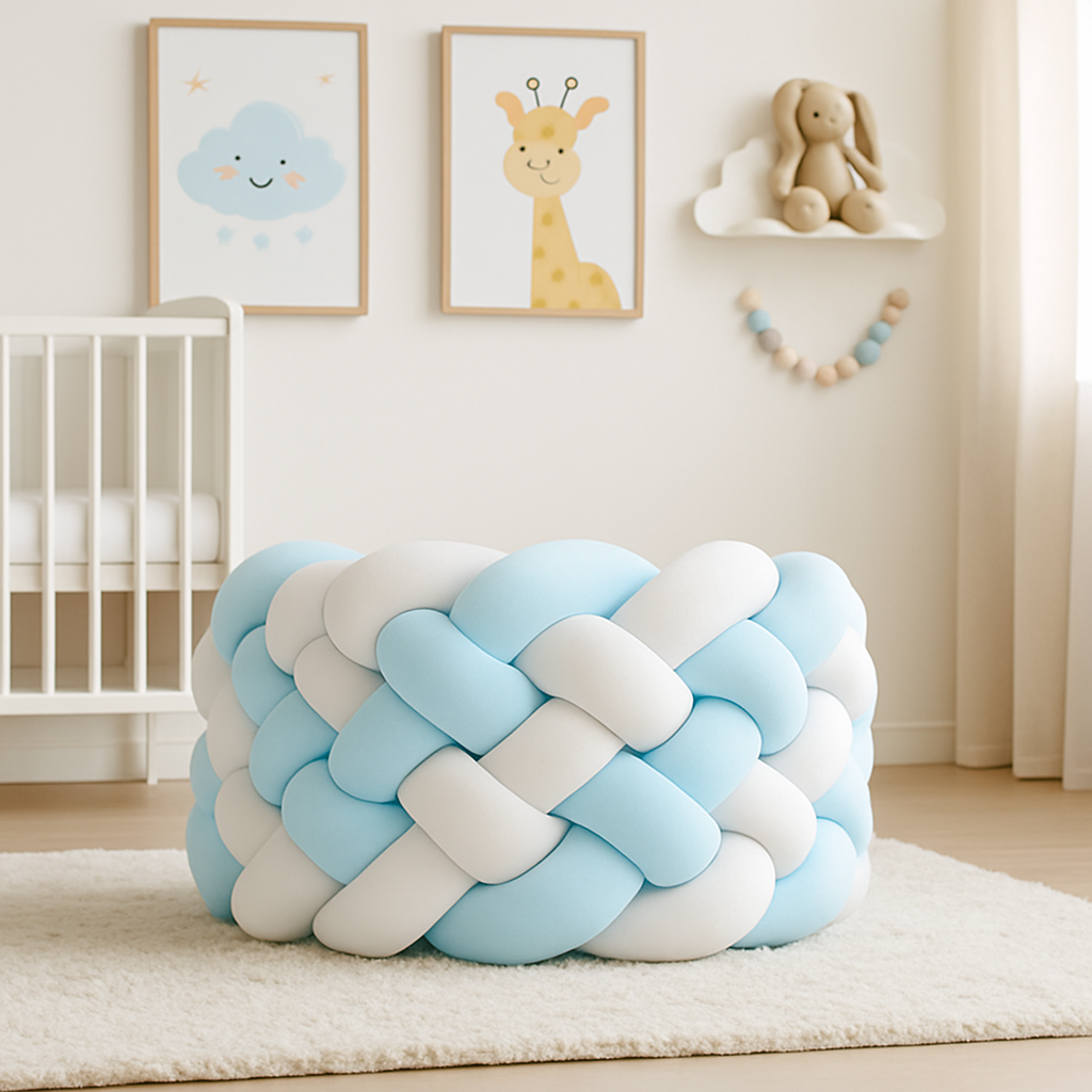 Tour de lit bebe Parfaite protection beige bleu blanc decorations