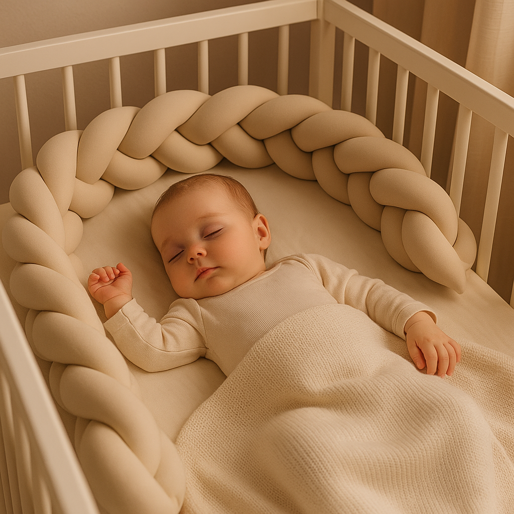 Tour de lit bebe securisant beige avec bebe